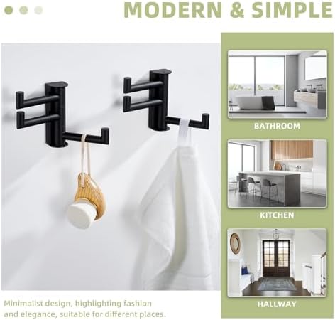 Suyar Bathroom Towel Hook Matte Black, Swivel Coat Robe Holder with 3 Arms