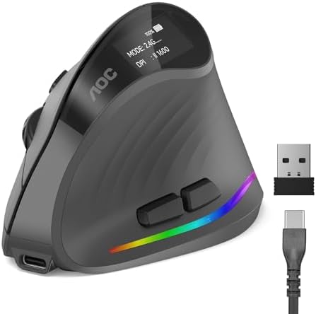 AOC Ergonomic Mouse, 2.4GHz Wireless Bluetooth Vertical Mouse, Rechargeable