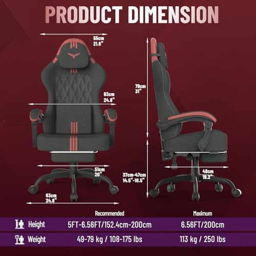 Ferghana Velvet Fabric Gaming Chair – Wider Seat Cushion, Diamond Double-Stitching, Ergonomic High Back with Footrest, Computer Gamer Chair Featuring Massage Lumbar Support for Adults (Black/Red)