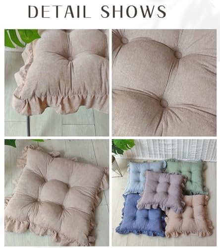 Tufted Cotton Chair Cushions Solid Color Soft Comfort Chair Pads with Ruffles Farmhouse Country Seat Cushions for Kitchen Indoor Dining Room Patio Chairs (Khaki,17"x17")