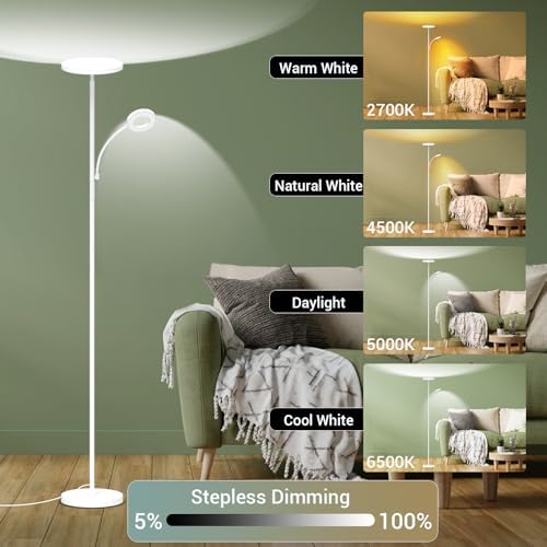 marctronic White Floor Lamp, 42W 4000LM Super Bright LED Room Lamp with Adjustable Reading Light,Dimmable Modern Standing Lamp with Remote & Touch Control for Room Bedroom Office Floor Light
