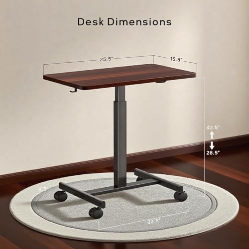 Mobile Small Standing Desk,Gas Spring Adjustable Height Rolling Portable Laptop Desk with Lockable Wheels, Computer Workstation for Home Office, Dark Walnut