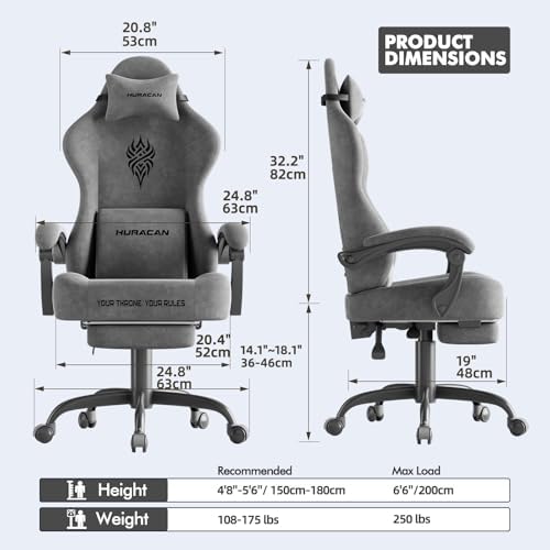 Soontrans Dark Grey Velvet Fabric Gaming Chair for Adult, Ergonomic Comfortable Video Gamer Chair with Footrest, Reclining Office Computer Desk Game Chairs with Massage Lumbar Cushion,Headrest