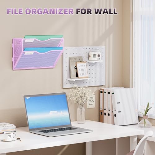 Marbrasse Wall File Holder 2-Tier Hanging Wall File Organizer, Mesh Mail Holder for Papers, Wall Mount File Clipboard & Magazine Organizer Great for Office Home (Purple)