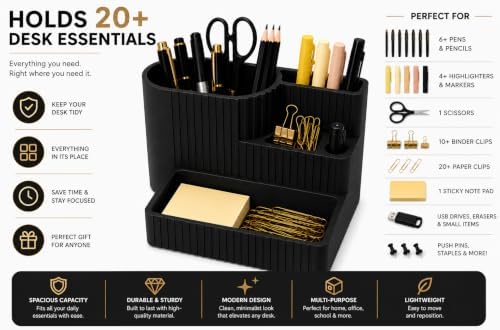 Desk Organizer with Multiple Compartments, Desktop Organizer for Office Supplies, Pens, Pencils, Markers, Scissors, Sticky Notes & Paper Clips, Modern Desk Storage for Home Office, School & Dorm