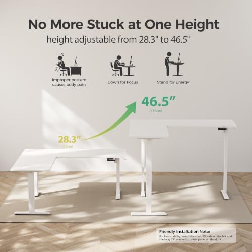 Agilestic L Shaped Electric Standing Desk Adjustable Height, 63 Inch, White