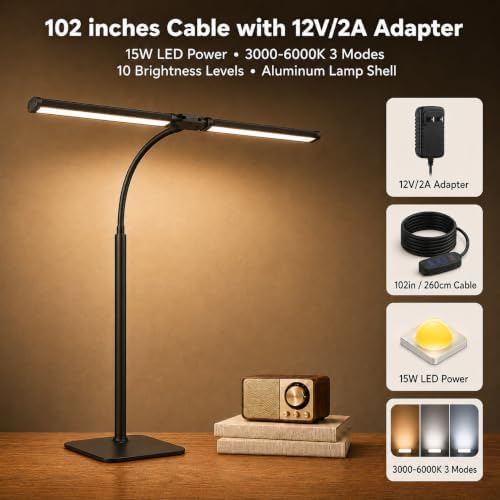 24-Inch Double Head LED Desk Lamp with Base, 15W Architect Desk Light
