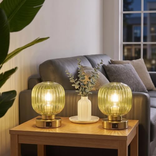 Elenhome Touch Table Lamp Set of 2, 3-Way Dimmable with Glass Shade, USB-C+A Charging Ports, Mid-Century Modern Small Bedside Lamps for Nightstand, Bedroom, and Living Room, LED Bulb Included (Green)