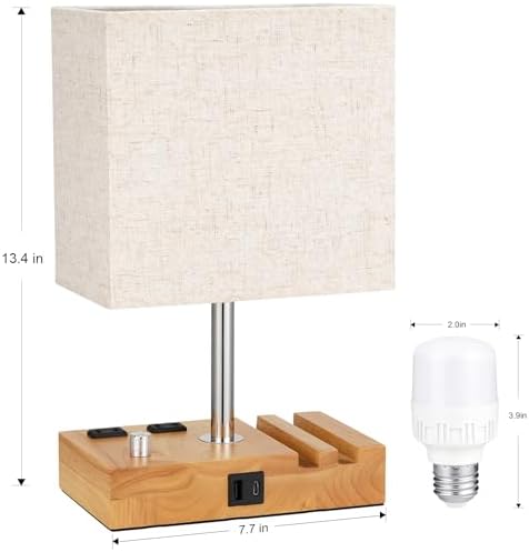 Wood Grain Table Lamp for Bedroom, Stepless Dimmable, USB C+A, 2 AC Outlets