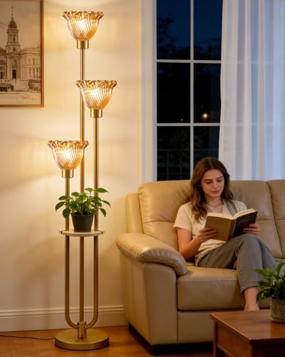 Lightdot Amber Flower Glass Floor Lamp with Table Gold Floor Lamp 3-Light