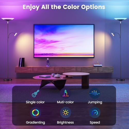 SIBRILLE RGB Torchiere Floor Lamp - 2 Way Dimmable LED Standing Lamp with Remote&Button Control, 34W Rotatable Floor Reading Light, 72'' Tall Modern Corner Lamp for Living Room Bedroom Office, Black