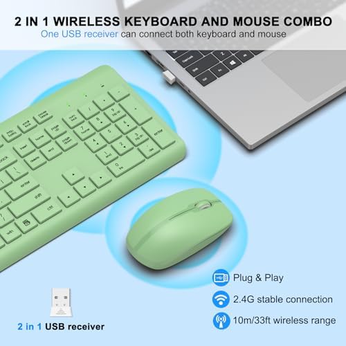 Wireless Keyboard and Mouse Combo, Full-Size Silent Ergonomic Keyboard and Optical Mouse, Long Battery Life, 2.4G Lag-Free Mice Keyboard for Mac, Laptop, PC, Windows(Avocado Green)