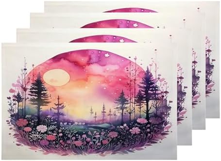 Shrahala Forest Moon Flowers Set of 4 12 X 18 Inch Linen Placemats, A Magical Forest Scene Burlap Table Mat Washable Double Layered Heat Insulation for Indoor/Outdoor