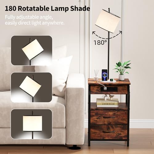 End Table with Floor Lamp, Nightstand with Charging Station, Floor Lamp Table with 3-Color Temperature Bulb, Bedside Table Night Stand with 2 Drawers for Bedroom, Living Room, Brown