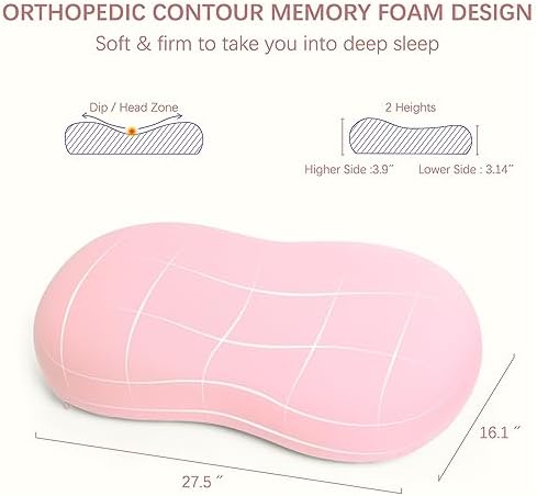 Cervical Memory Foam Pillow: Neck Pillows for Pain Relief Sleeping - Ergonomic Pillow for Neck and Shoulder Pain | Contour Support Bed Pillow for Side Back Stomach Sleepers (Pink)