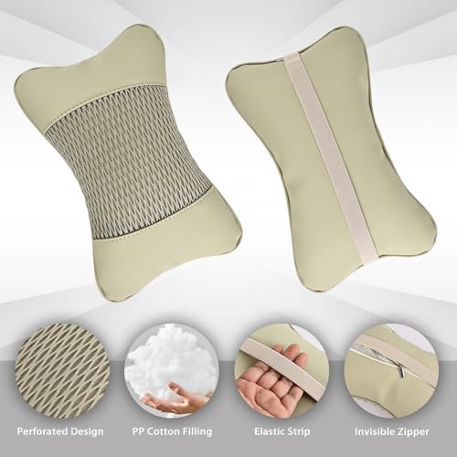 2 Pack Car Neck Pillow Soft Breathable Headrest Pillows for Driving Support, Universal Fit for Most Car Seats Decor Accessories（Off White）