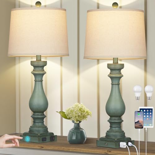 Cinkeda 29" Tall Table Lamp for Living Room Set of 2,Vintage Bedside Nightstand Lamps with USB C+A Ports & AC Outlet,3-Way Dimmable Touch Control Retro Green Desk Lamp for Bedroom,Color 4