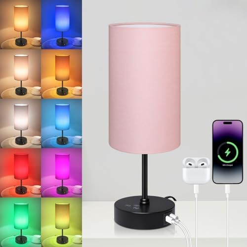 Unicozin Table Lamp for Bedroom, 3 Color Temperatures, 7 RGB Colors, Adjustable Brightness, Dual USB Charging Ports, Ambience Nightstand Light with Pink Shade, Desk Lamp for Kids Reading Home Office