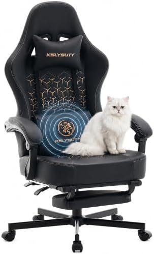 Desk Computer Gaming Chair - Ergonomic Game Office Chair with Extended Footrest and Massage Lumbar Support, Home Gamer Video Game Chairs with Spring Cushion for Adults (Pro Black Leather)