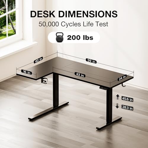 Muvai 59" L Shaped Standing Desk with Cable Tray, Reversible, Black