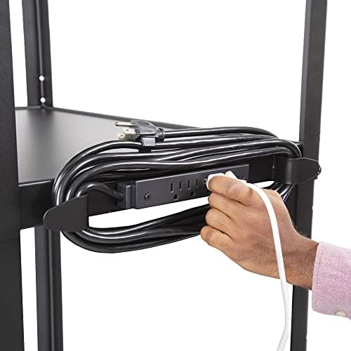 Line Leader Extra Wide Rolling AV Cart - Adjustable Shelf Height Computer Stand Workstation, Includes Pullout Keyboard Tray, Lockable Wheels, Power Cord Management (Black, 42in x 32in x 20in)