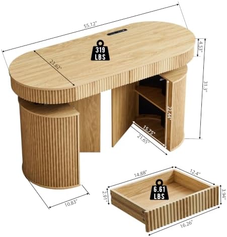 ORRD Electric Standing Desk with Storage and USB & Type-C Charging Ports, Adjustable Height Stand Up Desk, Mid Century Modern Fluted Workstation Desk for Home Office (Natural)