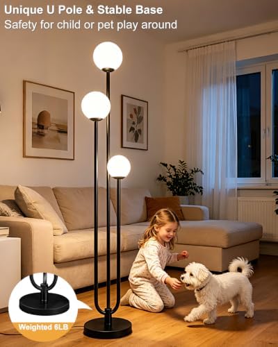 Lightdot 63IN Black Floor Lamp Dimmable with Mid Century Standing Lamps, 3000K Warm White Bulbs Included, Modern Globe Floor Lamp with 5Lbs Heavy Base for Living Room/Bedroom/Sofa Beside/Corner Decor