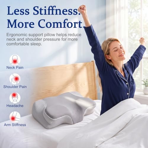 Cervical Neck Pillow for Pain Relief, Ergonomic Memory Foam Pillow for Neck & Shoulder Support，Grey, 60 * 36 * 13cm, Cooling Pillow for Side Back & Stomach Sleepers with Washable Cover