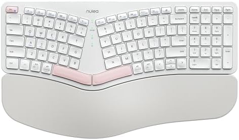 Nulea Wireless Ergonomic Keyboard, Split Keyboard with Cushioned Wrist Rest, USB and Bluetooth Connectivity, USB-C Rechargeable, Compatible with Windows Mac（Pink-White）