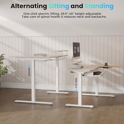 EUREKA ERGONOMIC 55 Inch L Shaped Electric Standing Desk, Height Adjustable Computer Gaming Desk with Keyboard Tray, Mouse Pad,Home Office Work,Maple Wood, Right Side