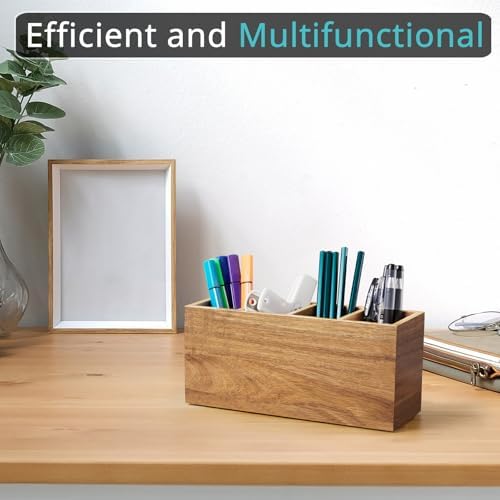 Bivvclaz Pencil Pen Holder for Desk, Acacia Wood Office Desk Organizers and Accessories with 4 Slots for Countertop, Makeup Brush Holder Organizer for Bathroom Vanity, Silverware Caddy for Party