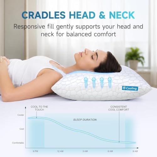 QUTOOL Cooling Pillow for Sleeping, CertiPUR-US Shredded Memory Foam Standard Pillow Set of 1, Cool Pillow for Hot Sleepers Adjustable Firm Pillow for Side,Back,Stomach Sleepers Soft Yet Support,White