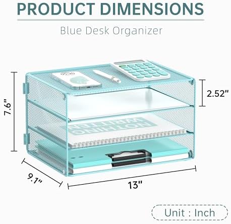 DALTACK 3 Tier Letter Tray Paper Organizer with Sliding Mesh Trays Blue
