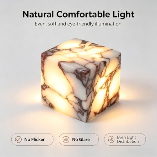 Natural Marble Lamp Cordless Pat Control Night Light Rechargeable Small Marble Table Lamp, Dimming Warm Glow Portable Stone Touch Lamp for Bedroom, Living Room, Decor Gift (Cube-Calacatta Purple)