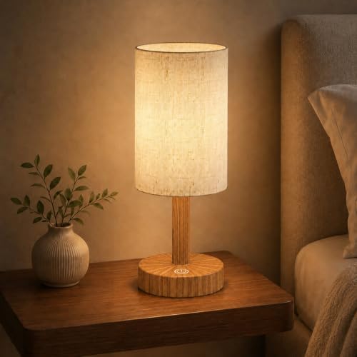 Small Rechargeable Cordless Table Lamp, Nightstand to Desk, Warm Oak