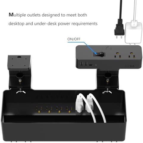 Hiree Under Desk Cable Management Tray with Power Strip, 8 AC Outlets, 2 USB Ports & 1 USB-C Port, Clamp Mount Desk Cable Organizer, No Drill Cord Management Tray for Standing Desk, Home Office（Black）