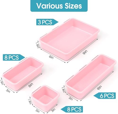 25 PCS Drawer Organizer Set, 4 Size Makeup Drawer Divider Organizer With Non-Slip Pads, Interlocking Plastic Storage Bins for Office,Jewelry Vanity,Gadgets, Bathroom,Kitchen, Pink