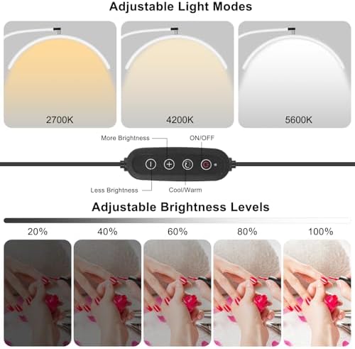 Professional Half Moon LED Desk Light for Nail Techs & Artists – Flexible Gooseneck Lamp with Clamp, 5 Color Modes & 5 Brightness Levels for Manicure, Tattoo, Beauty Work