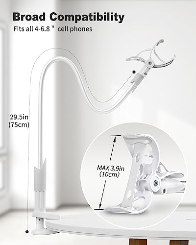 SAIJI Gooseneck Cell Phone Holder, Clamp Universal Lazy Mount Clip Hands Free Flexible Long Arm Bracket Grip for 4.0-6.3 Phones Mobile Stand Baby Monitor for Desk, Bed, Office, Kitchen (White)