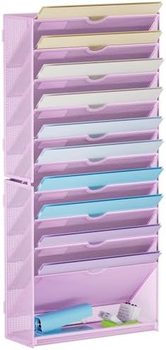 Marbrasse Wall File Holder 11-Tier Hanging Wall File Organizer, for Papers, Files Clipboard & Magazine Organizer, Wall Mount File Holder Great for Office Home (Purple)