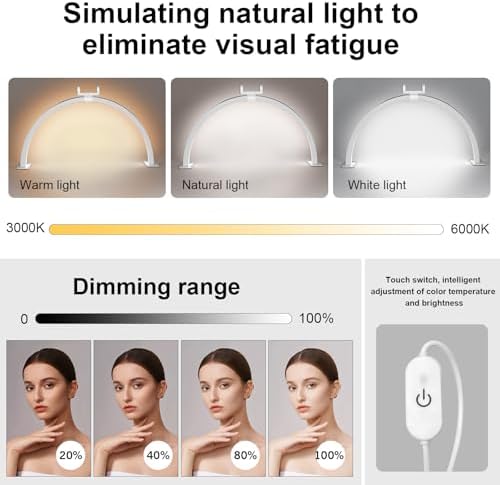 Large 29-inch Half Moon Light for Nail Desk,48W Lamp for Nail Desk with Hand Pillow and Phone Holder, Nail Desk lamp Pink for lash Eyelash Extension,Color Temperature 3000K-6000K (White)