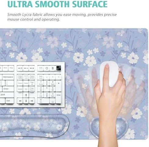 Large Mouse pad,4 in 1 Extended Keyboard Desk Mat with Wrist Rest,Non-Slip Desk Pad Protector Easy Typing Pain Relief for Home Office (Light Purple Flower)