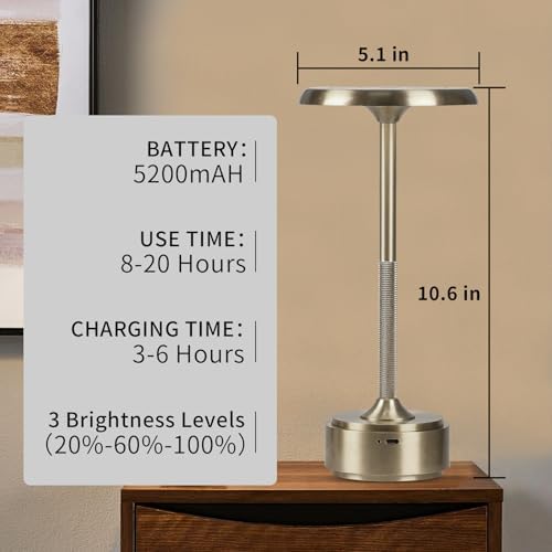 Cordless Rechargeable Modern Metal Table Lamp, Touch Dimming, 3-Color