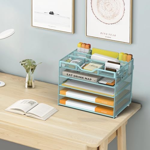 5 Tier Paper Letter Tray Desk Organizer with Pen Holders - Blue