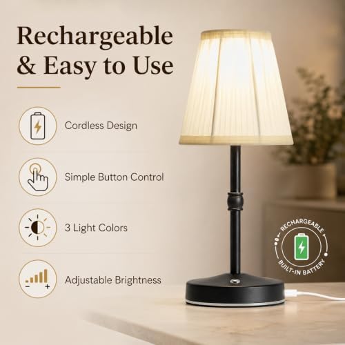 3000mah Battery Powered Lamp for Home,Small Cordless Lamps Rechargeable,3 Color Temperature 5W LED Touch Lamp Battery Operated Table Lights,Wireless Lamps for Tables,Kitchen,Living Room (Black,H11”)