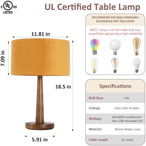 18.5" Modern Dimmable Walnut Wood Table Lamp with Velvet Shade, Orange
