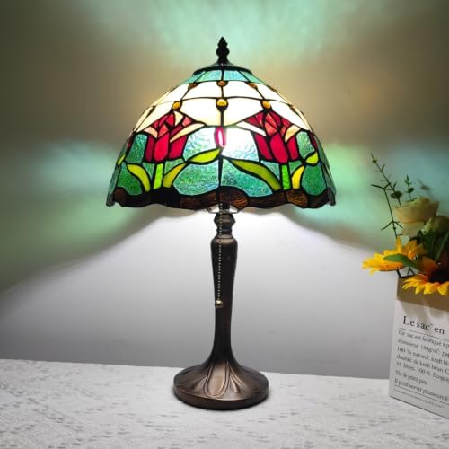 Tiffany Table Lamp Red Baroque Style Stained Glass Lamp 12X12X18 Inch Antique Lamp for Office Home Bedroom Living Include 3-Color LED Bulb