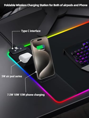 XXL Mouse Pad with Phone Holder - Black, RGB Desk Mat with 15W Fast Charging, LED Gaming Mousepad with 11 Light Colors, Waterproof Non-Slip Pad for Office & Home (Black with PD Adapter)