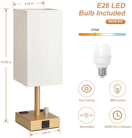 Gold Bedside Table Lamps Set of 2 - Dimmable, USB C+A, 2 AC Outlets