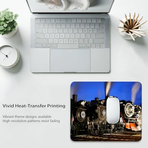 Historic Old Trains Mouse Pad, Vintage Steam Locomotives at Dusk Desk Mat